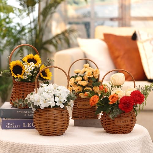 Set of 4 Flower Basket with Handle, QENUIITEA Imitation Rattan Woven Picnic Basket with Plastic Waterproof Lining, Flower Girl Baskets for Wedding Valentine\'s Day, Storage Basket for Home Decor