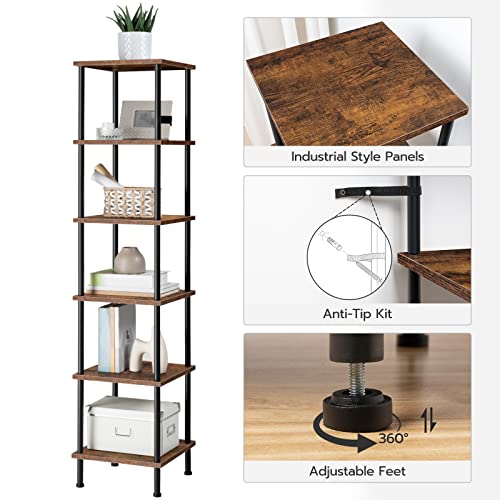 HOOBRO 6 Tier Corner Shelf Stand, Freestanding Corner Shelves for Living Room, Industrial Corner Standing Shelf Unit, Floor Corner Bookshelf for Home Office, Bathroom, Rustic Brown and Black EBF55CJ01