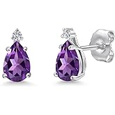 Gem Stone King 14K White Gold Purple Amethyst and Lab Grown Diamond Stud Earrings for Women | 0.76 Cttw | Gemstone February Birthstone | Pear Shape 6X4MM