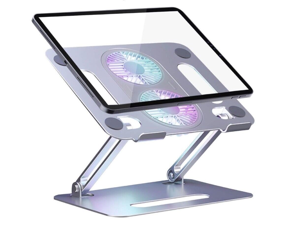 AlluminiumAlloy Adjustable Laptop Stand For Desk, Compatible with Laptops upto 17 inch, and tablets. Come with dual cooling fan (Silver)