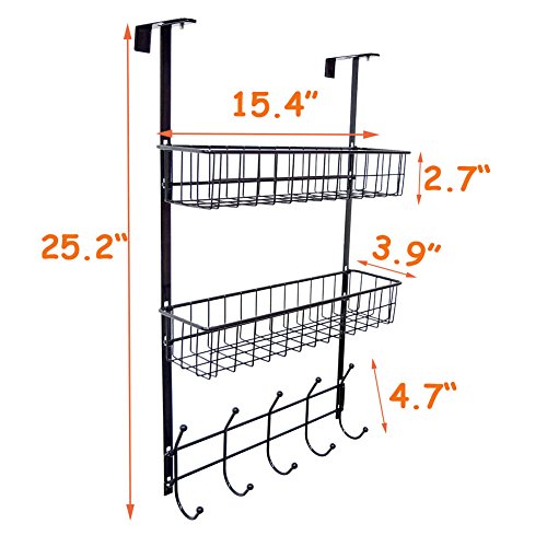 Wittywares Over The Door Hook Hanger Three Tiers with 5 Hooks and Mesh Basket Shelves Adjustable Storage Rack Wall Hook for Coats Hats Robes Towels(Black)