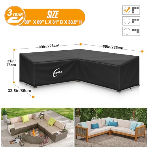 Kipiea 600D V-Shape Outdoor Patio Furniture Covers Waterproof, Outdoor Sectional Cover Windproof, Patio Sectional Sofa Cover Anti-UV, No Tears & No Fading (89"/89"L x 33.5"D x 31"H) Black