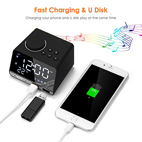 Digital Alarm Clock Radio Thermometer Clock LED Alarm Clock Bluetooth Speaker, Alarm Clock with USB Charging, Snooze, Portable Clock, AUX TF Card Play