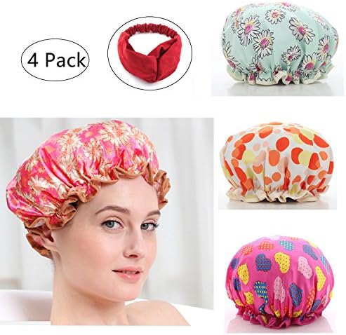 Shower Cap, SS susea Double Layer Waterproof Elastic Band Reusable Beauty Salon Spa Travel Women Shower Bath Cap Set