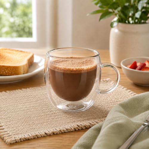 Conjunto com 6 Xícaras de 110ml em Vidro Borossilicato de Parede Dupla com Alça para Café Espresso Chá Cappuccino e Bebidas Quentes (KIT COM 6 PEÇAS)