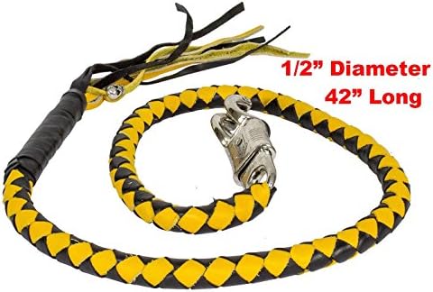 Dream Apparel 42” Leather Motorcycle Get Back Whip for Handlebar Fringed Biker Whip, Black & Yellow