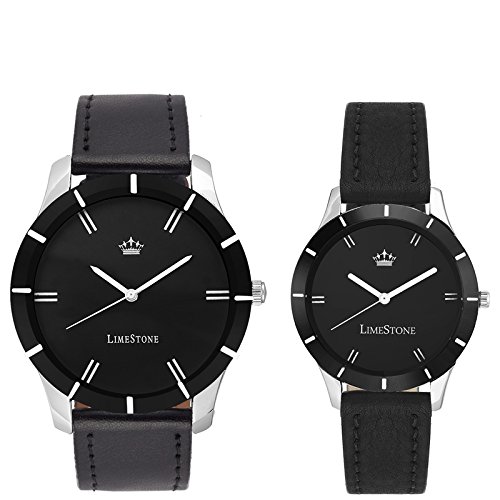 Limestone Black Wolf Round Analogue Black Dial Leather Strap Couple Combo Wrist Watch For Men & Women_Ls1308~2608