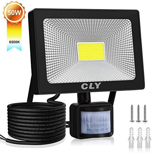 CLY Security Lights with Motion Sensor, 50W LED PIR Floodlight, 150W HPS Lights Equivalent Replaced, IP66 Waterproof Outdoor Flood Light for Garden, Garage and Forecourt, 6500K 5000Lumen【Upgraded】
