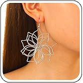 Ximdble Vintage Hollow Lotus Drop Earrings Large Lotus Dangle Earrings Statement Lotus Flower Earrings Gold Open Flower Exaggerated Earrings for Women