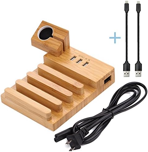 Charging Station &amp; Bamboo Wooden Apple Watch Stand --Thopeb Desktop Multi Device Cell Phone Charging Station Organizer,for iPhoneX/8/7/6Plus,IPad,Samsung - Include Two Apple Data Cords
