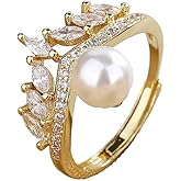 Mnyixsi Fashion Silver Gold Pearl CZ Ring Crown Wedding Rings Solitaire Engagement Rings for Women Adjustable Open Design AAA Freshwater Cultured Pearl Bridal Statement Ring Gift