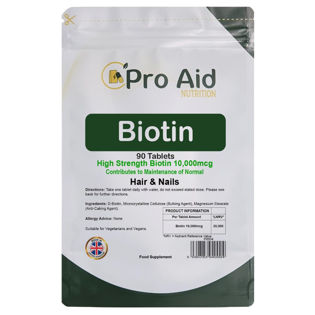 Biotin 10,000mcg Tablets | Hair & Skin Support Supplement | Letterbox Friendly| | One per Day | 90 Pack by ProAid | Premium Tablets | Made in UK