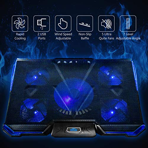 Carantee Laptop Cooling Pad 5 Quite Fans Notebook Cooler Pad USB Powered, Blue LED Light, 7 Level Adjustable Mount Stands (Blue)