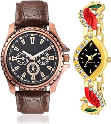 Swadesi Stuff Broen Leather Strap with Kundan Golden Watches for Men and Women (00910)