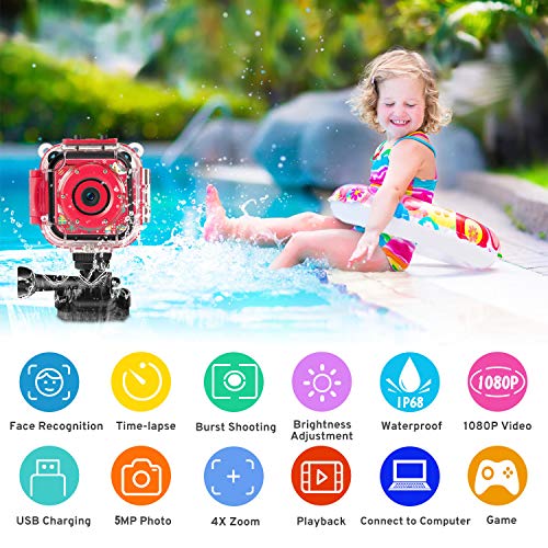 PROGRACE Kids Camera Underwater Waterproof Camera for Kids Camcorder for Boys Girls 4X Digital Zoom 3-Level Volume Adjustment(Red)