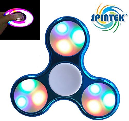 Spintek LED Multiple Mode Fidget Spinner (Metallic BLUE Plastic) Toy Hand Tri Spinner Best Stress Reducer Boredom Anti Anxiety ADD, ADHD, Autism Adult Children Kids 360 Spinner Helps Fidget Toys Focus