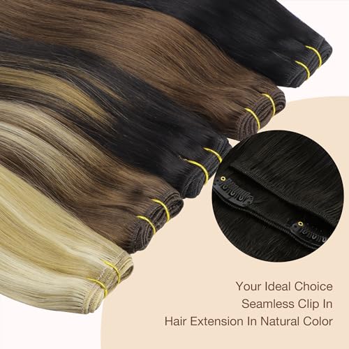GOO GOO Clip in Hair Extensions, 50 cm 120 g 7 Pieces, 1B Natural Black, Clip in Human Hair, Remy Human Natural Clip in Hair Extensions