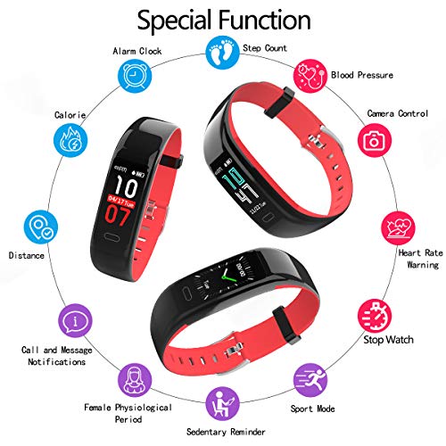 Aitbay Fitness Tracker Heart Rate, IP68 Waterproof Activity Tracker with Sleep and Blood Pressure Monitor, USB Charging Smart Band Pedometer Calorie Counter for Men Women and Kids (Red)