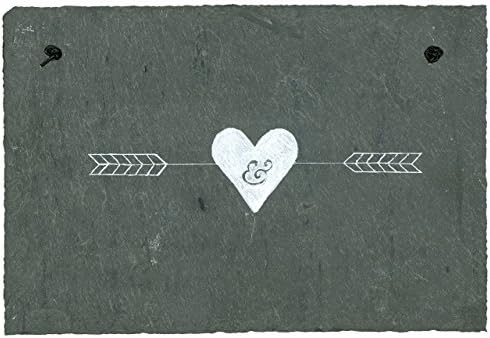 Wedding Memory with Whispy Arrows and Heart Add Bride & Groom Names Art Hand Painted Plaque on New England Primitive Roof Slate, with Leather Cord Wall Mount and Stand Options Included