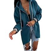CHICME Womens Lightweight Jacket Casual Zip Up Hoodies Striped Cuffs Coat with Drawstring Pockets Drop Shoulder