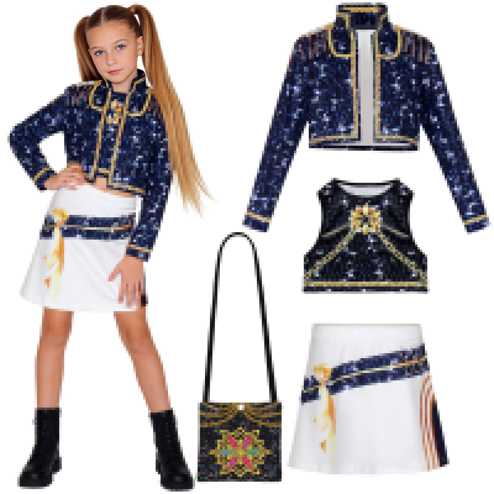 Kitimi 4Pcs KPop Costume Kids, Anime Cosplay Outfits for Girls with Top, Vest, Skirt, Crossbody Bag, Star Stage Role Clothes Pop Dance Singer Outfits for Halloween Carnival Party Dress Up