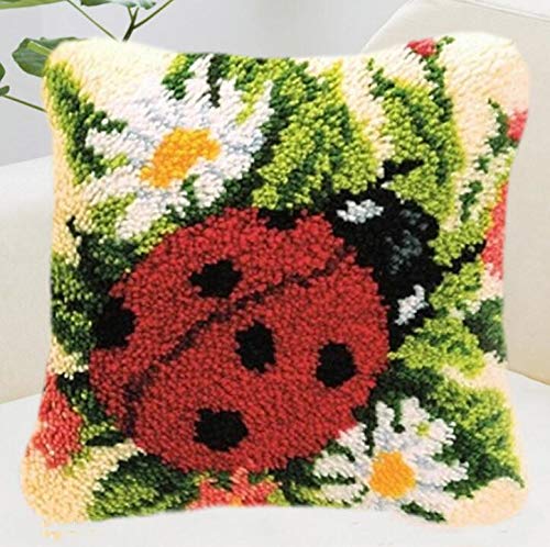 SHANGHh 3D Pillow Latch Hook Embroidery Kits DIY Pillow Materials Package Crocheting Rug Yarn Cushion Embroidery Set fit for Beginners Embroidery Kit Pillowcase Cushion (Ladybug)