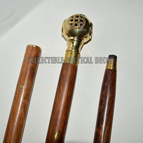 BRASS DIVERS HELMET WALKING STICK VICTORIAN ADVENTURER AUTHENTIC ROSEWOOD CANE ADJUSTABLE NATURAL WOOD CANE ELEGANT HOLDER CARVED FOR HIKING