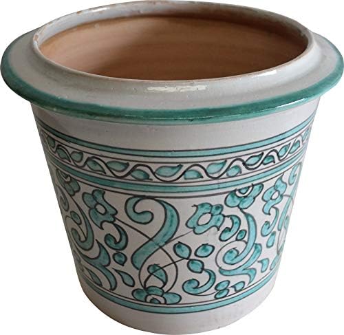 MAISON ANDALUZ Medium Marrakesh Hand Painted Moroccan Ceramic Pot/Planter/Urn from Fez, H 20 Di 26 cm - Soft Green and White Design