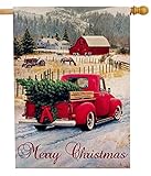 Dyrenson Merry Christmas 28 x 40 House Flag Red Truck Double Sided, Xmas Farmhouse Quote Burlap Garden Yard Decoration, Rustic Winter Vintage Seasonal Outdoor Décor Decorative Large Flag for Holiday
