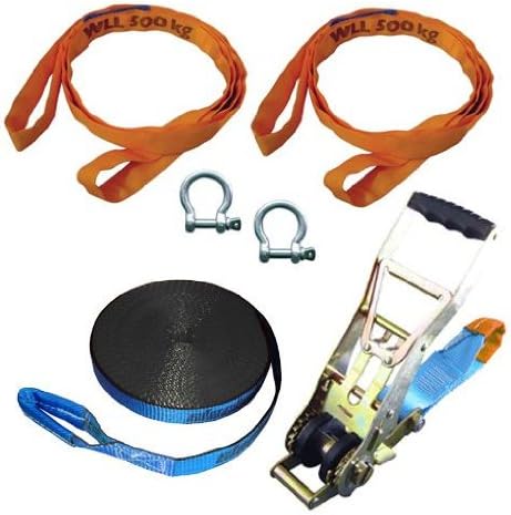 Slackstar Super Distance 6 Piece Slackline Set With 2 Round Slings And Shackles - 20 m Length, 25 mm Breadth, Blue
