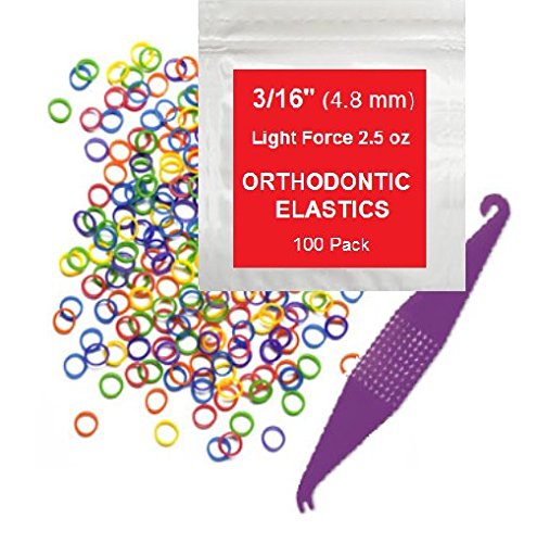 3/16 inch Orthodontic Elastic Rubber Bands, 100 Pack, Neon, Light Force 2.5 oz, Fix Tooth Gap in teeth, Top Knots + FREE Elastic Placer for braces by Prairie Horse Supply