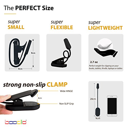 BOODLO 360° RECHARGEABLE BOOK LIGHT for reading in Bed or Desk with EYE-CARE Protection, 20 HOURS of Reading, 2 Modes, 4 LED, Easy CLIP ON Reading Light, LIGHTWEIGHT, for Music stand (WARM) - Thumbnail 6