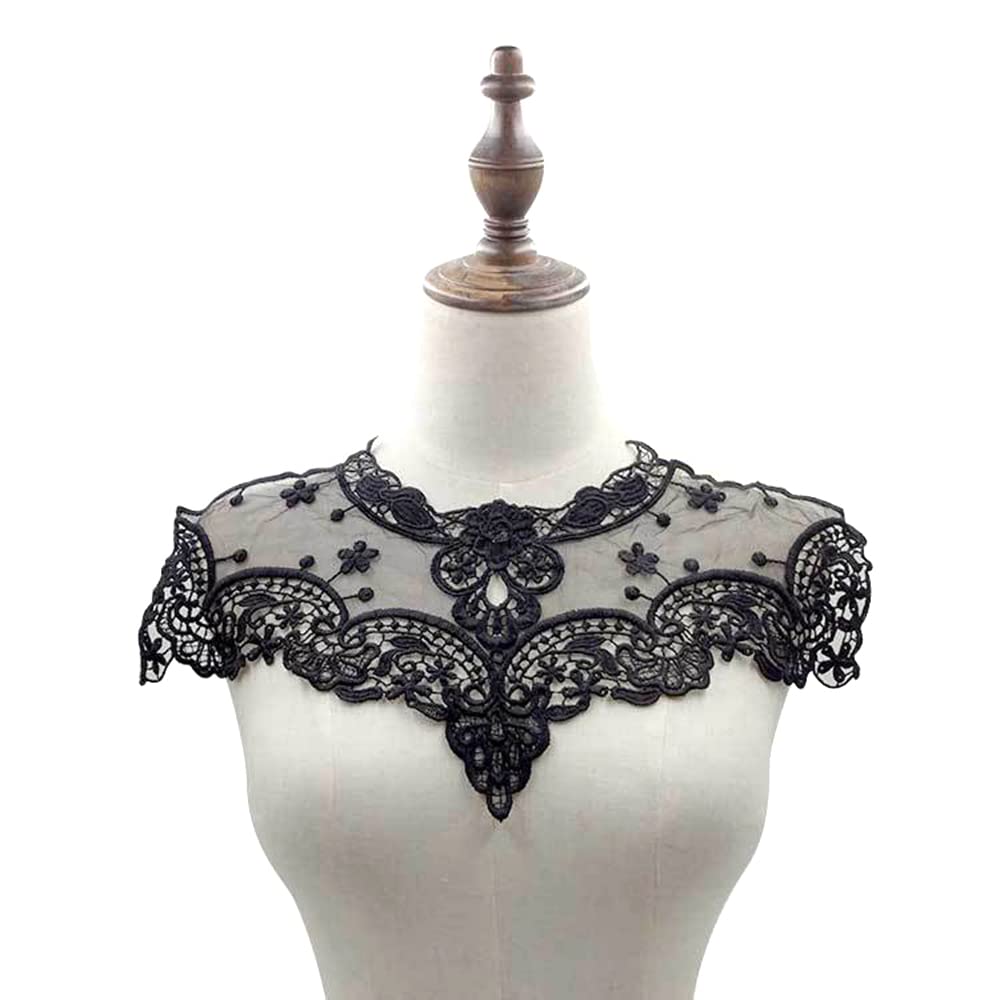 Duories Embroidered Tulle Lace Collar Appliqué, Lace Patch Lace Motif Applique Patches Insert Collar for Sewing DIY Craft Costume Clothing Wedding Dress Decoration on Neckline, Black