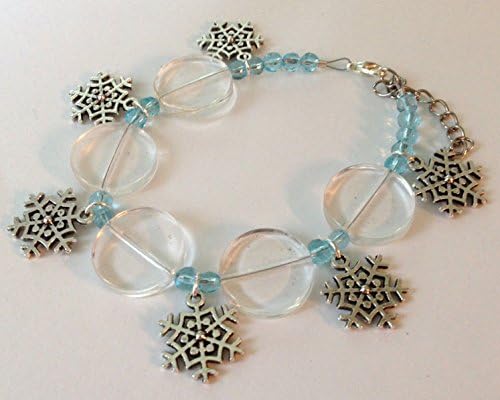 Blue Crystal and Glass Bead Silver Snowflake Charm Clasp Bracelet