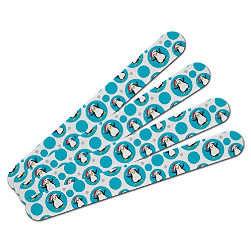 Double-Sided Nail File Emery Board Set 4 Pack - Holiday Christmas New Years - Penguin in Santa Hat on Blue
