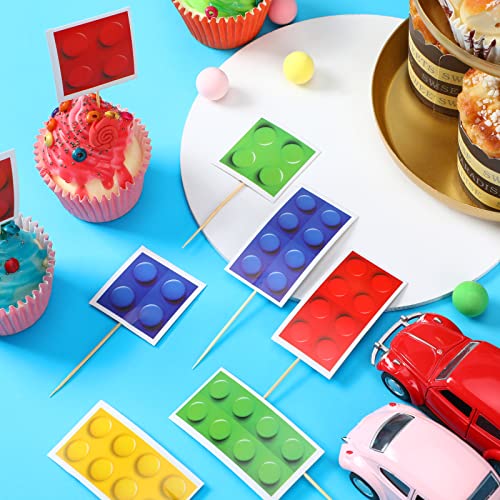 48 Pieces Color Building Block Themed Cupcake Toppers Building Block