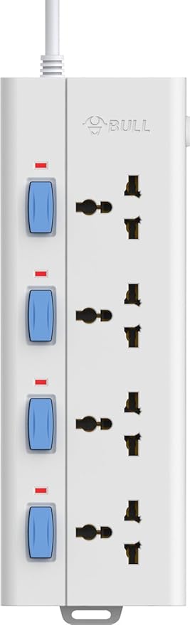 Bull 4 Socket,4 Switch,1.5 M Wire Extension Board with Circuit Breaker,White/Blue