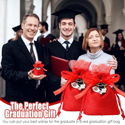 30 Pieces Fabric Gift Bags with 30 Pieces Graduation Hat Pendant Jute Bags Drawstring for Graduation Party Red