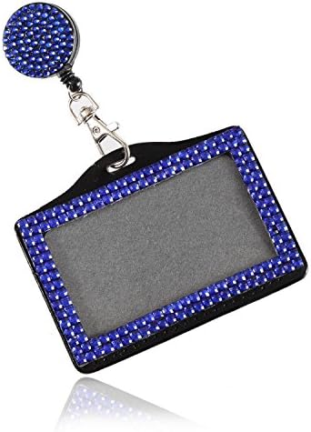 Purely Handmade Fashion Retractable Royal Blue Bling Crystal Strap Neck Lanyard Cute Rhinestone Badge Holder+Jeweled Horizontal Business Name ID Card Holder+Beaded Badge Reel Clip
