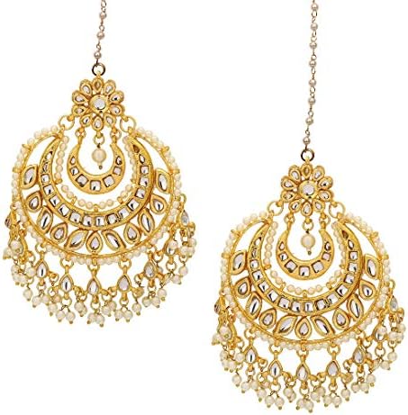 Golden Brass Kundan Jhumar Chandbali Dangle and Drop Earrings with Ear Chain for Women
