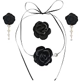 ONLYJUMP 3Pcs Red Velvet Rose Jewelry Set for Women Black Ribbon Necklace Pearl Tassel Earrings Chest Flower Vintage Floral Design Ideal Gift for Wedding Birthday Valentine's Day