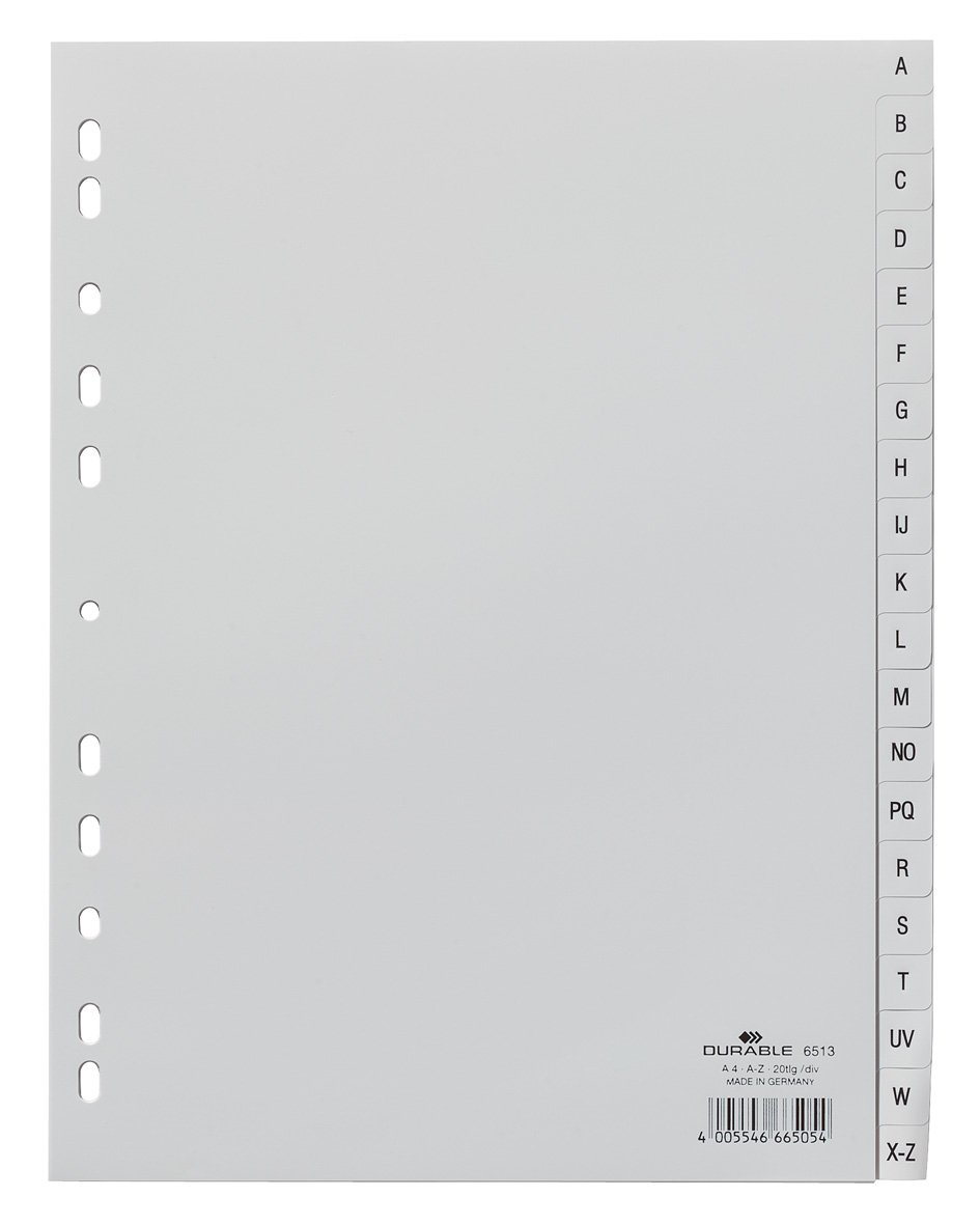 Durable 651310 Index Dividers with 20 Embossed A-Z Tabs / Universal Hole-Punching / Pack of 20 / Grey