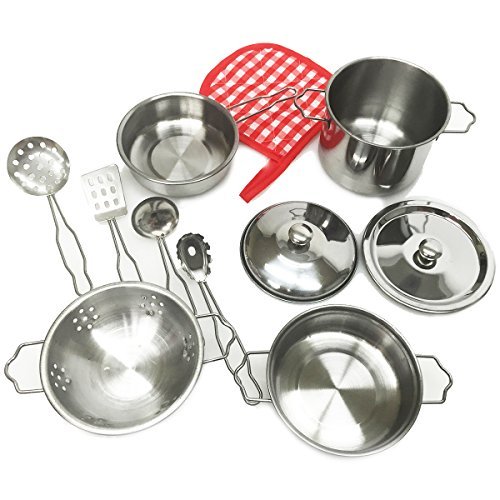 Click Here to See More Images Apontus Kids Kitchen Cookware Pots and Pans Play Set Educational Learning (Silver)