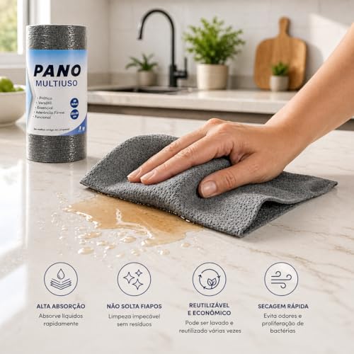Pano de Microfibra em Rolo 20 Folhas 25x25cm | Reutilizável, Alta Absorção e Secagem Rápida | Multiuso para Cozinha, Vidros, Limpeza Doméstica e Automotiva