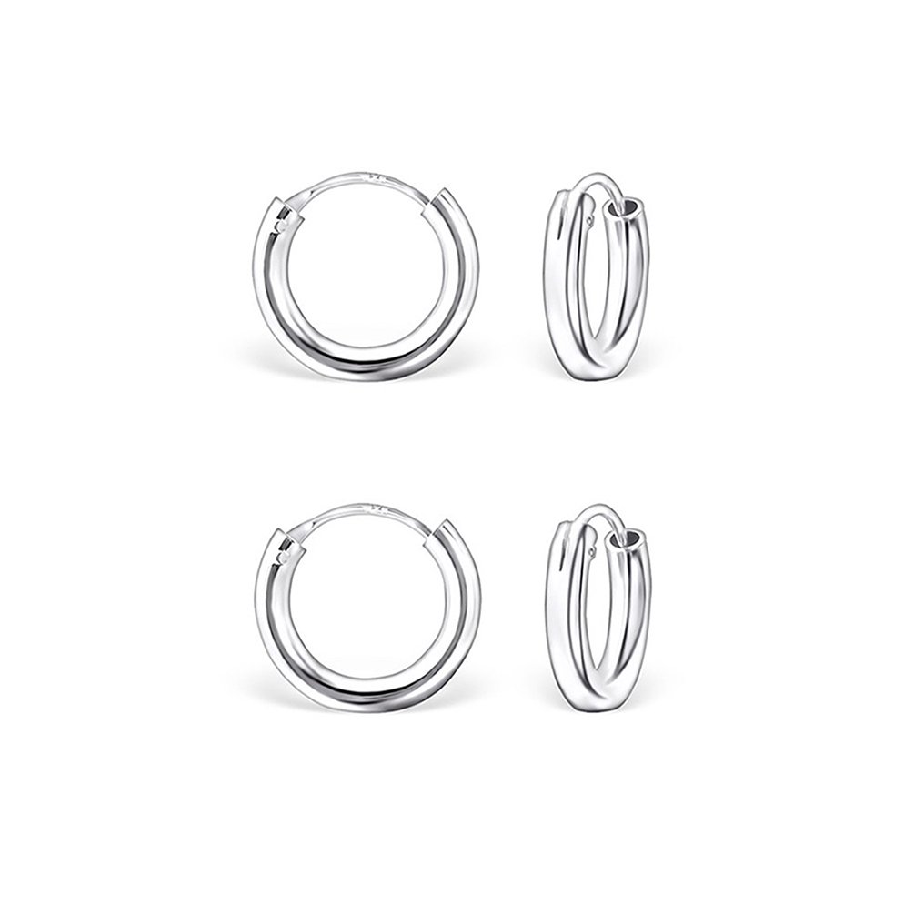 925 Sterling Silver Small Hoops Earrings for Men and Women - Hypoallergenic Huggies Hoop Earrings Set of 2 Pairs - Thickness 2 mm - Diameter 12 mm