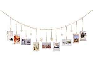 KLOGTSIND Hanging Photo Display with Clips, 9 Wood Clips, Boho Picture Frames Collage Wall Decor, Photo Hanger for Office Cubicle Decor, Kids Art Display (1)
