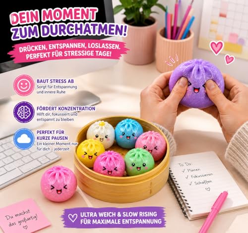Posten Anker XXL Glitzer Squishy Dumpling Mystery Box 1 von 6 Sorten – Virale Squishy Steamed Buns 10 cm – Anti Stress Kawaii Mochi Squishies – Cute Mystery Korb Geschenkidee - Glitzer Füllung