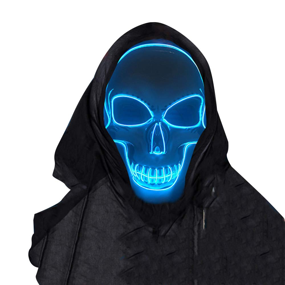 SOUTHSKY LED Mask Full Face Spooky Skull Masks EL Wire Light Up For Halloween Carnival,DJ,Tiktok,Costume Cosplay Party (White Face,Blue Neon)