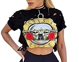 FISACE Women's Short Sleeve Ripped Guns N Rose Crop Tops