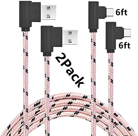 USB Type C Cable, AOKER 2Pack 6ft(2m) Right Angle 90 Degree Nylon Braided USB Type A to C Charger for Galaxy S8, S8 Plus, ZTE Zmax Pro Z981, Google Pixel/Pixel XL, LG G6 (2Pack 6ft Pink Black)